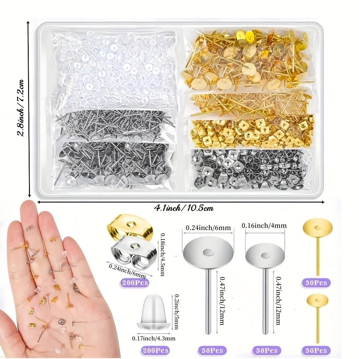 600pcs Stainless Steel Earring Posts Blanks Hypoallergenic Earring Posts with Backs for Jewelry Making Supplies earring posts
