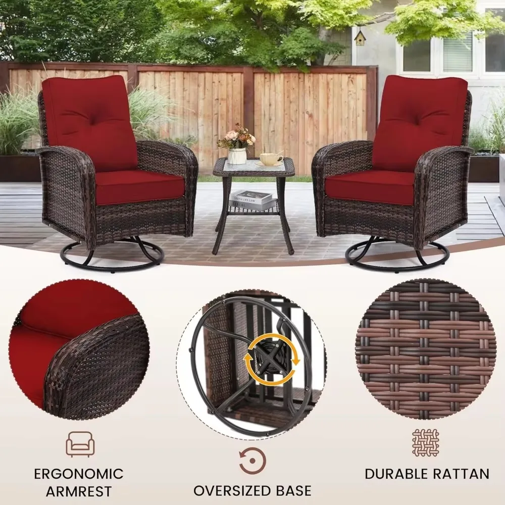 2 Luxury Outdoor Swivel Wicker Glider Patio Chairs with Table Set, Overstuffed Washable Cushions, Ideal for Porch, Balcony,Deck 4