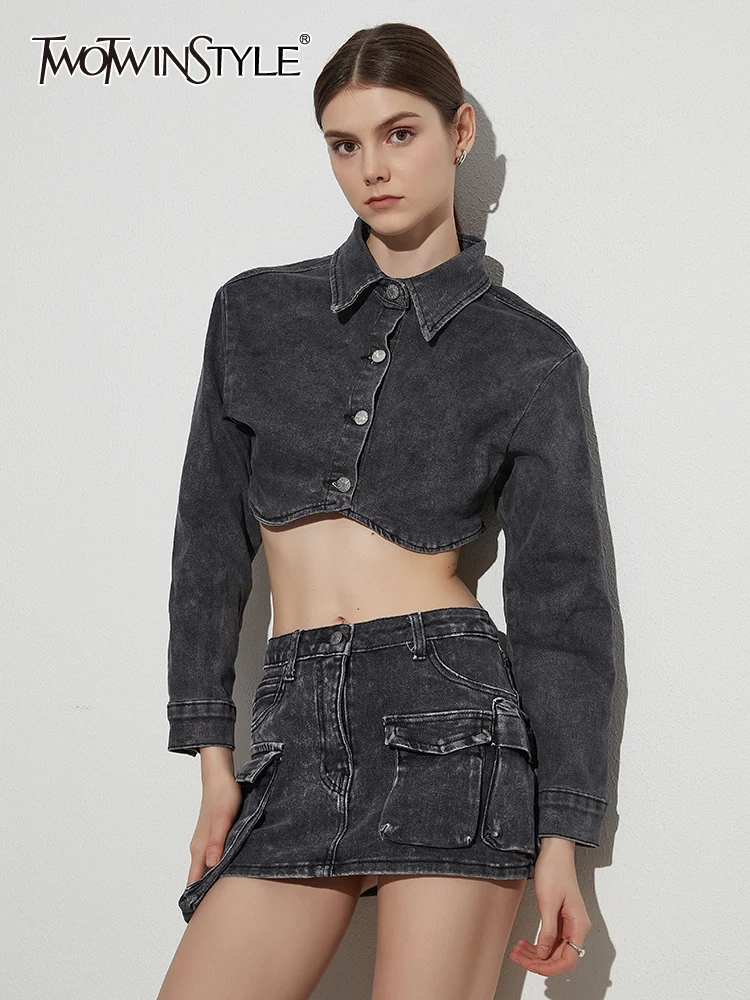 

TWOTWINSTYLE Denim Slimming Two Piece Sets For Women Lapel Long Sleeve Top High Waist Spliced Pockets Mini Skirt Sexy Set Female