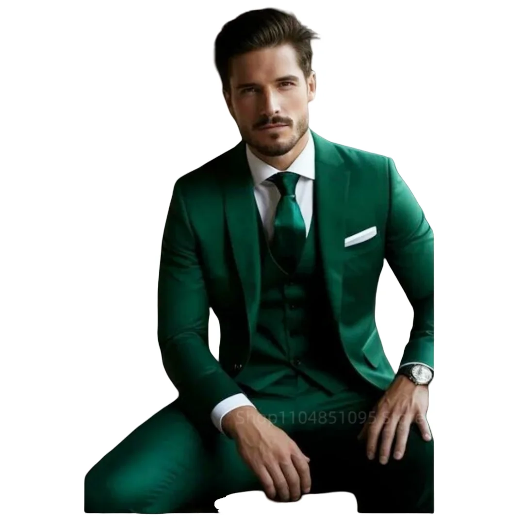 3 Pcs Classic Green Men's Suits Slim Fit Formal Wedding Groom Prom Dress Costume Blazer Vest Pants Sets Homme Terno Masculino