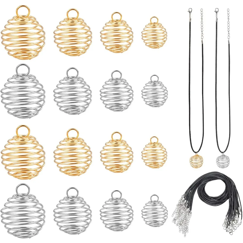 

72pcs Spiral Bead Cage Pendants Set 48pcs 4 Sizes Iron Stone Holder Cage Necklace Pendants with 24pcs Leather Cord for Jewelry