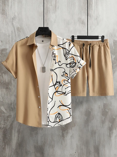 2024 Summer Men S Short Sleeved Shirt Beach Shorts Set Outdoor Everyday Men S Summer Shorts.jpg