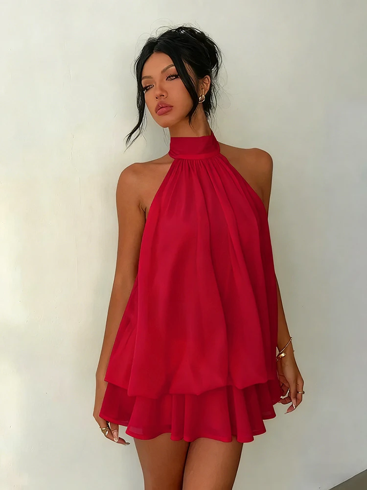 Women's Halter Neck Backless Chiffon Ruffle Mini Dress 4