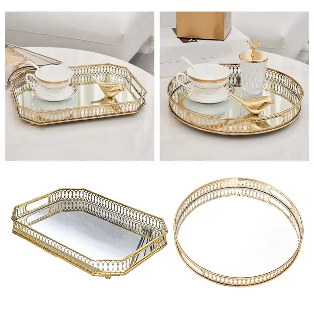 2 Plateaux à Bijoux En Verre Avec Fond Miroir Doré - 24x14 Cm Et 20x10 Cm, Organisation Coiffeuse