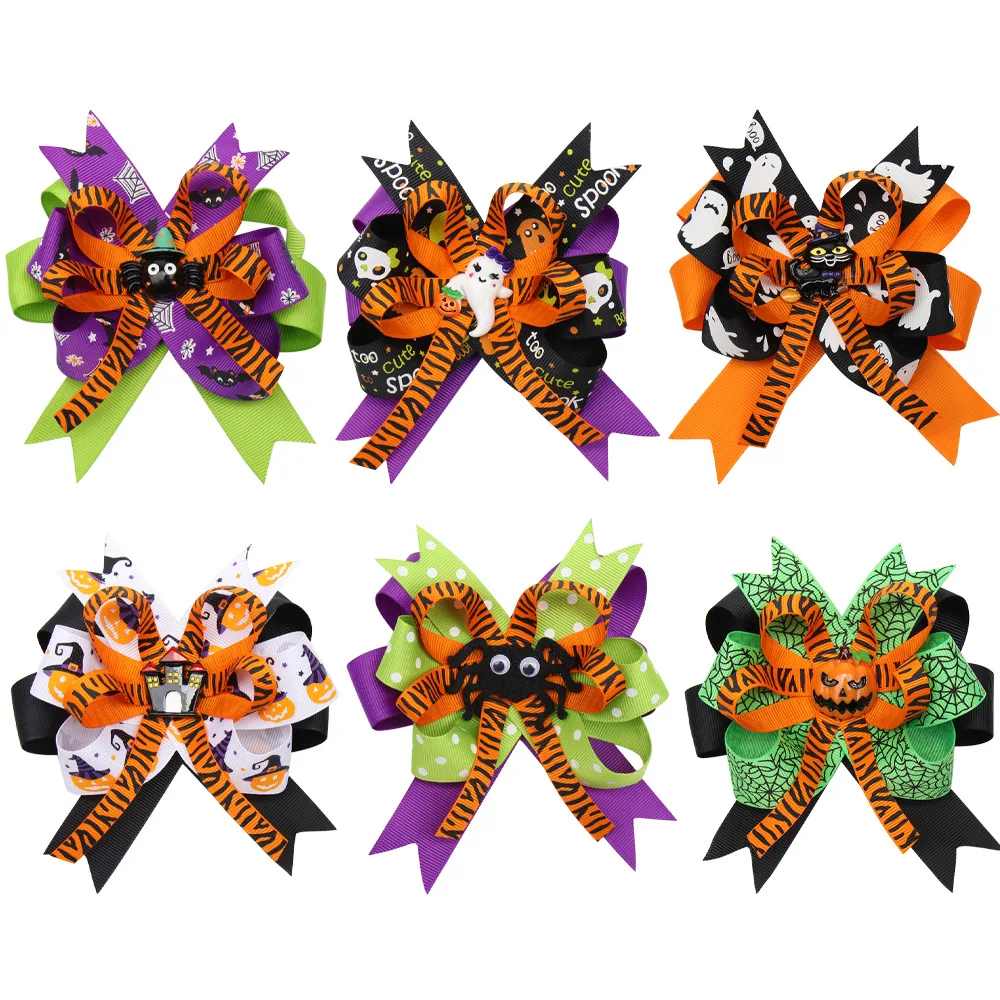 

6Pcs/set Halloween Cheer Bow Hairclip for Kids Funny Pumpkin Hairpin Ribbon Bowknot Hairgripe Girl Headwear Hair Accessories