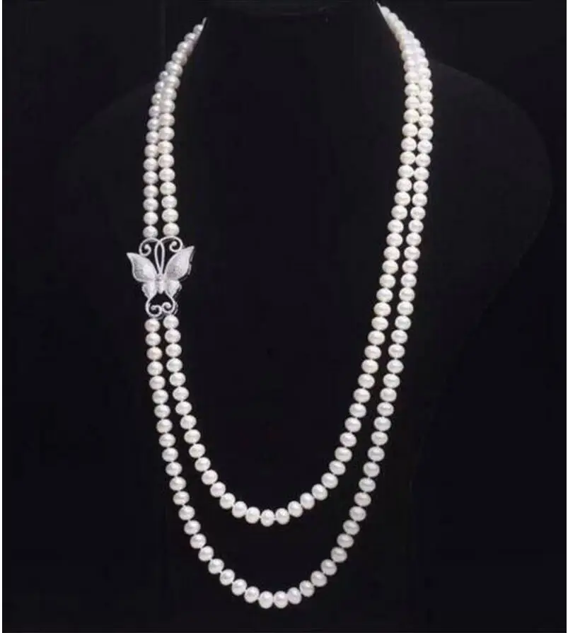 

butterfly Double row AA7-8mm white natural freshwater necklace inlay zircon