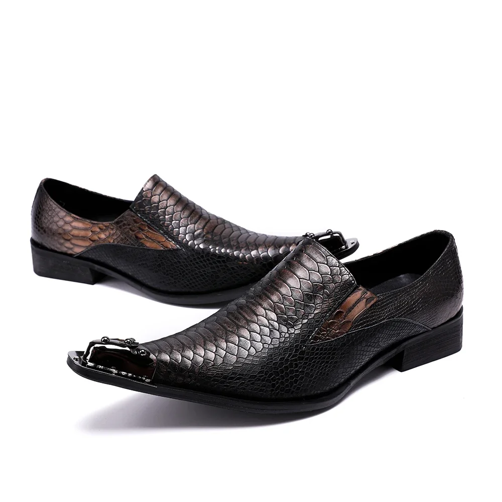 Christia bella Italian style gentleman dress shoes metal pointed toe men snake grain real leather shoes business freight
