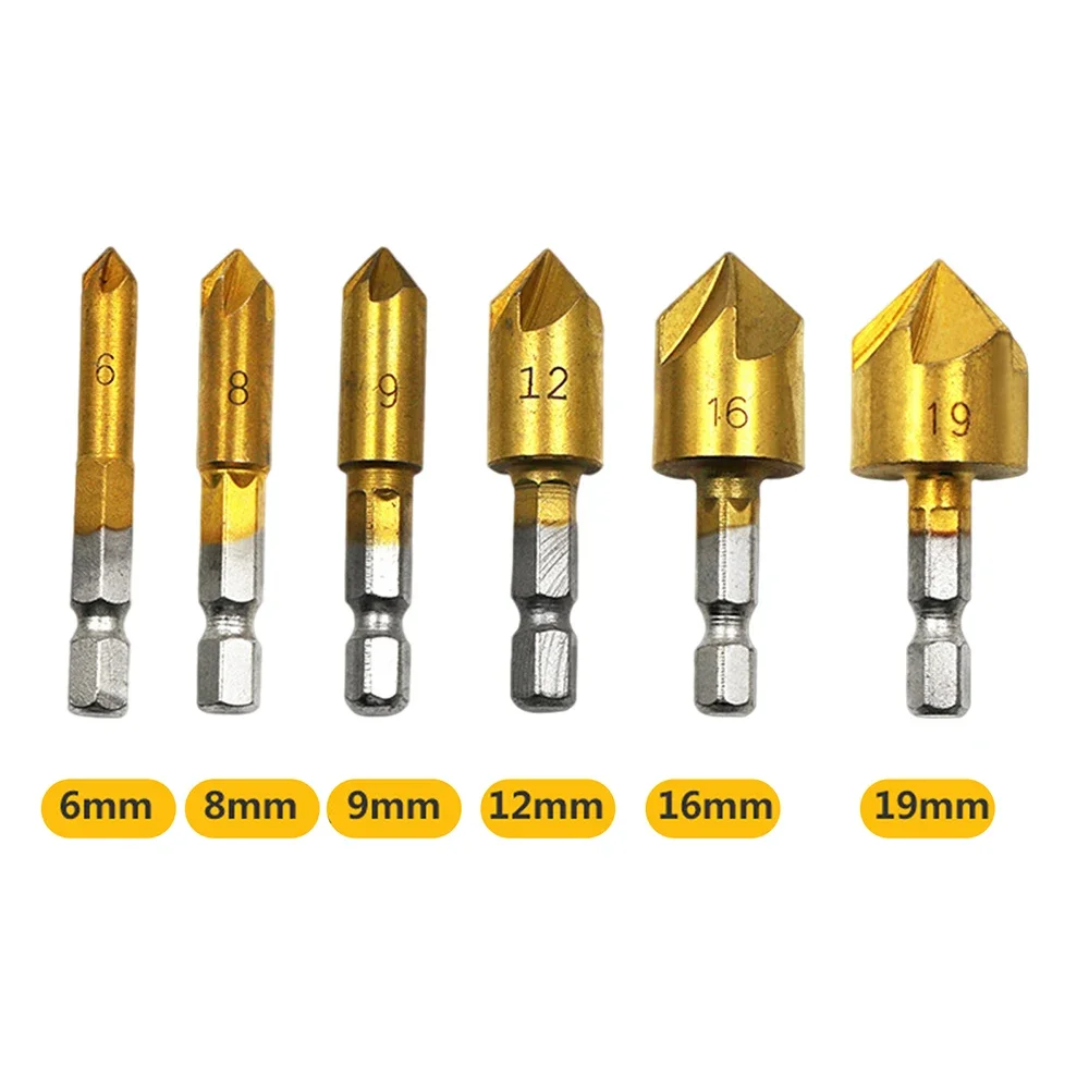 

Hex Shank HSS Countersink Drill Bit Set 5 Flute Countersink 90 Degree Wood Chamfering Cutter Chamfer 6-19mm Woodworking Tool