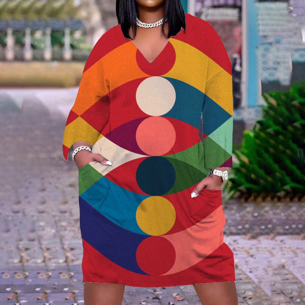 

Personality Art Painting 3D Print Women's V-Neck Loose Dresses Female Fashion Causal Long Sleeve Girls Dress Clothing