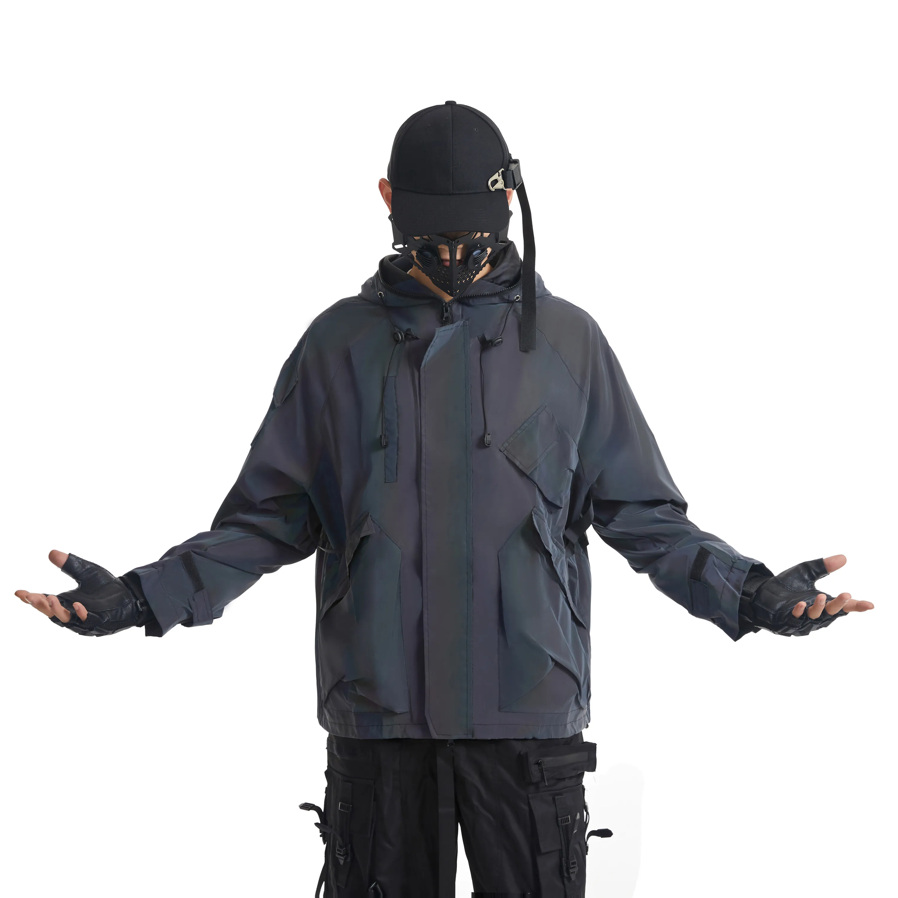 Multi-pockets Tactical Techwear Colorful Reflective Jacket Men Outdoor Casual Hip Hop Punk Functional Reflective Windbreaker