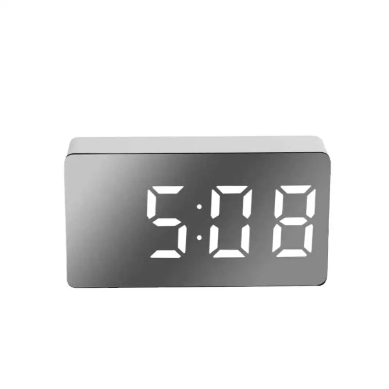 1Pc White LED Mirror Table Clock Snooze Display Time Night Light Desktop USB Alarm Clock Home Decor