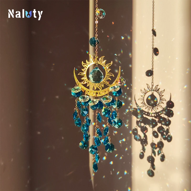 Golden Sun Moon Moth Crystal Pendant Garden Suncatcher Wind Chimes Crystal Chain Rainbow Prism for Home Window Party Decoration