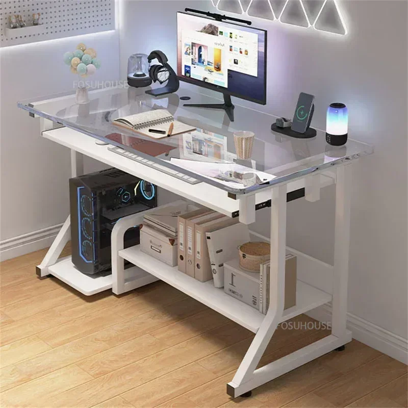 Modern Office Table Office Furniture Transparent Glass Computer Desk With Keyboard Tray Student Bedroom Study Table Gaming