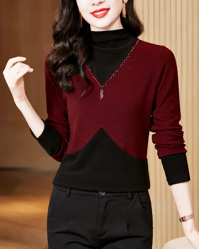 

High Quality Female T-shirt Spring Winter Splicing Woman M-3XL Long Sleeve Half Turtleneck Two Fake Pieces Embroidered Flares