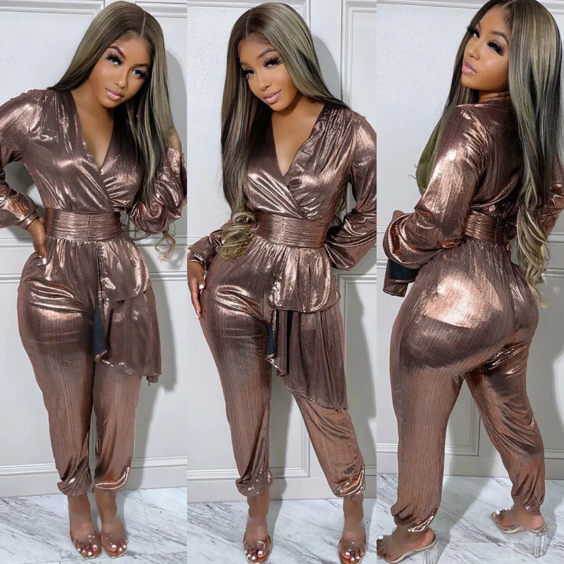 

Shiny Metallic Nightclub Jumpsuit Birthday Outfits for Women Party Long Sleeve Romper Sexy V-neck High Waist Jumpsuits Overalls
