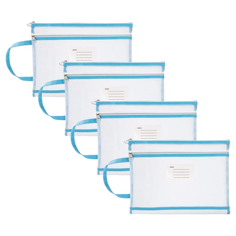 

4Pcs Mesh Zipper Pouch Translucent A4 Document Bag Book File Folders Stationery Pencil Case A4 Mesh Zip Folder Blue
