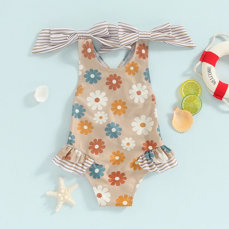 

Toddler Kids Girl Swimsuit Flower Bathing Suit Swimwear Bowknot Sleeveless Swimming Suit Beachwear