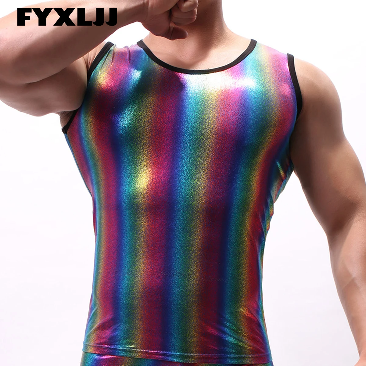 

FYXLJJ Sexy Leather Tanks Top Men Rainbow Striped Faux Leather Fitness Vest Male Undershirts Stage Performance Costumes Clubwear