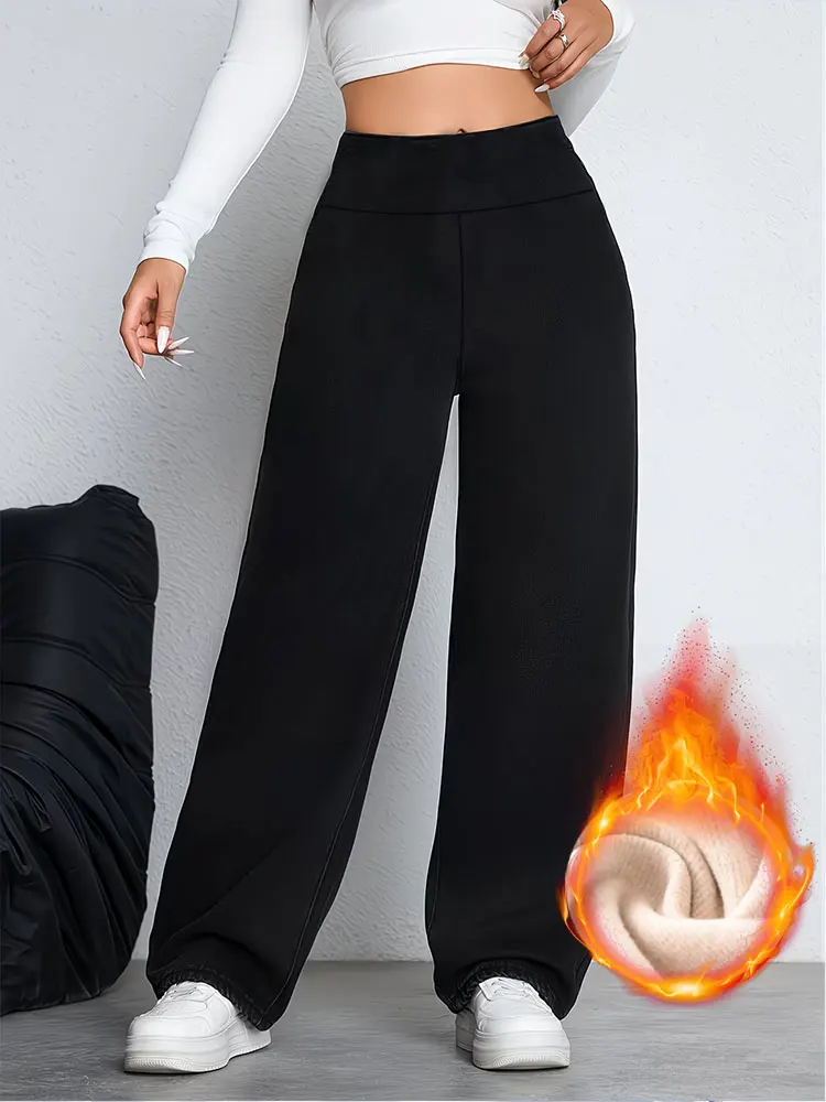 Fleece Straight Leg Wide Leg Pants For Winter Warmth Fleece Thickened Leggings Double Sided Fleece Versatile Casual Long Pants