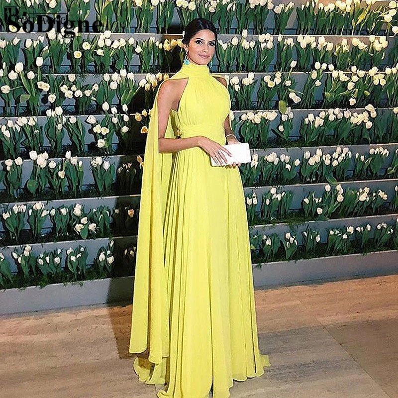 

SoDigne Yellow Dubai Formal Prom Dress 2022 Women Elegant Chiffon Ruched High Neck Evening Dress With Cape Vestido Longo Festa