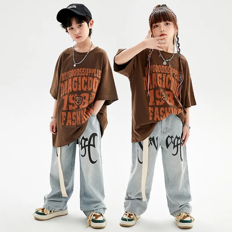 

Kids Street Dance Clothes Print T-shirt Jeans with Belt Boys Hip Hop Sets Cool Jazz Denim Pants Outfits Teenagers Rap Costumes