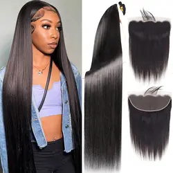Straight Human Hair 3 Bundles with Frontal 13x4 HD Lace Frontal Closure Brazilian Virgin Human Hair Pre-Plucked Natural Black 1B