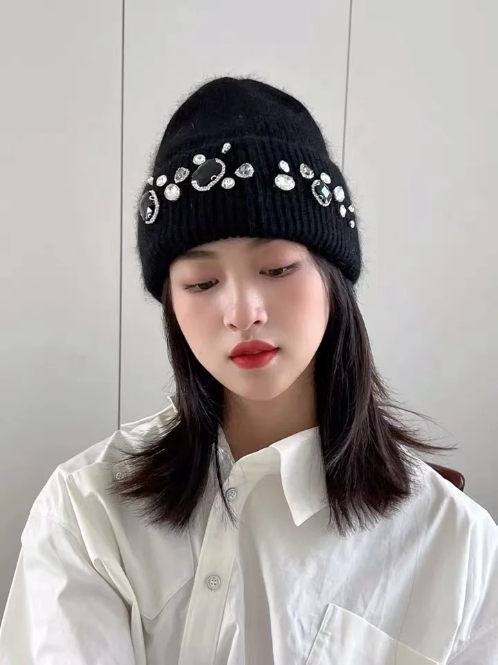 

New Hat woman winter rabbit hair knitted hat rhinestone Angora rabbit hair pullover head ear protection cold hat beanie hat