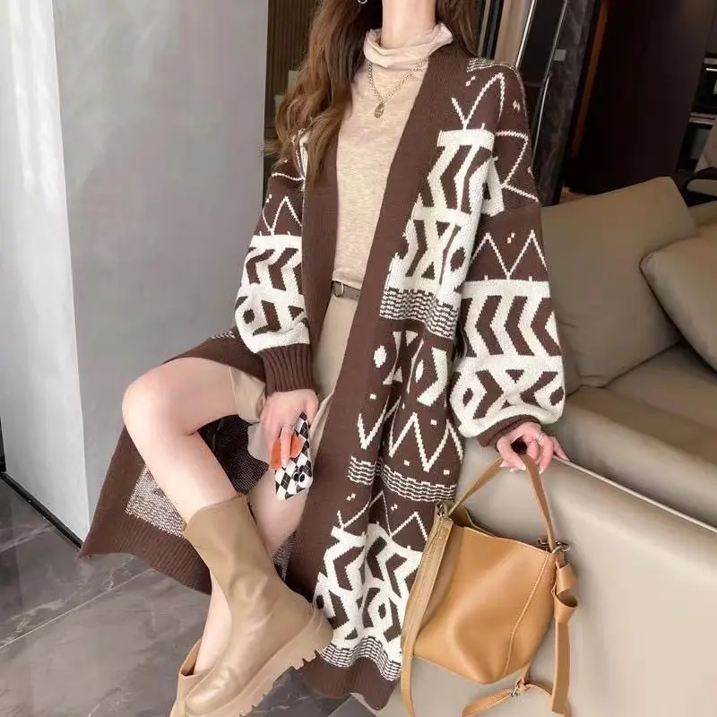 Fashion V-Neck Printed Loose Casual Cardigan Sweaters Women Clothing 2023 Autumn Winter Oversized Korean Tops Commuter Coat