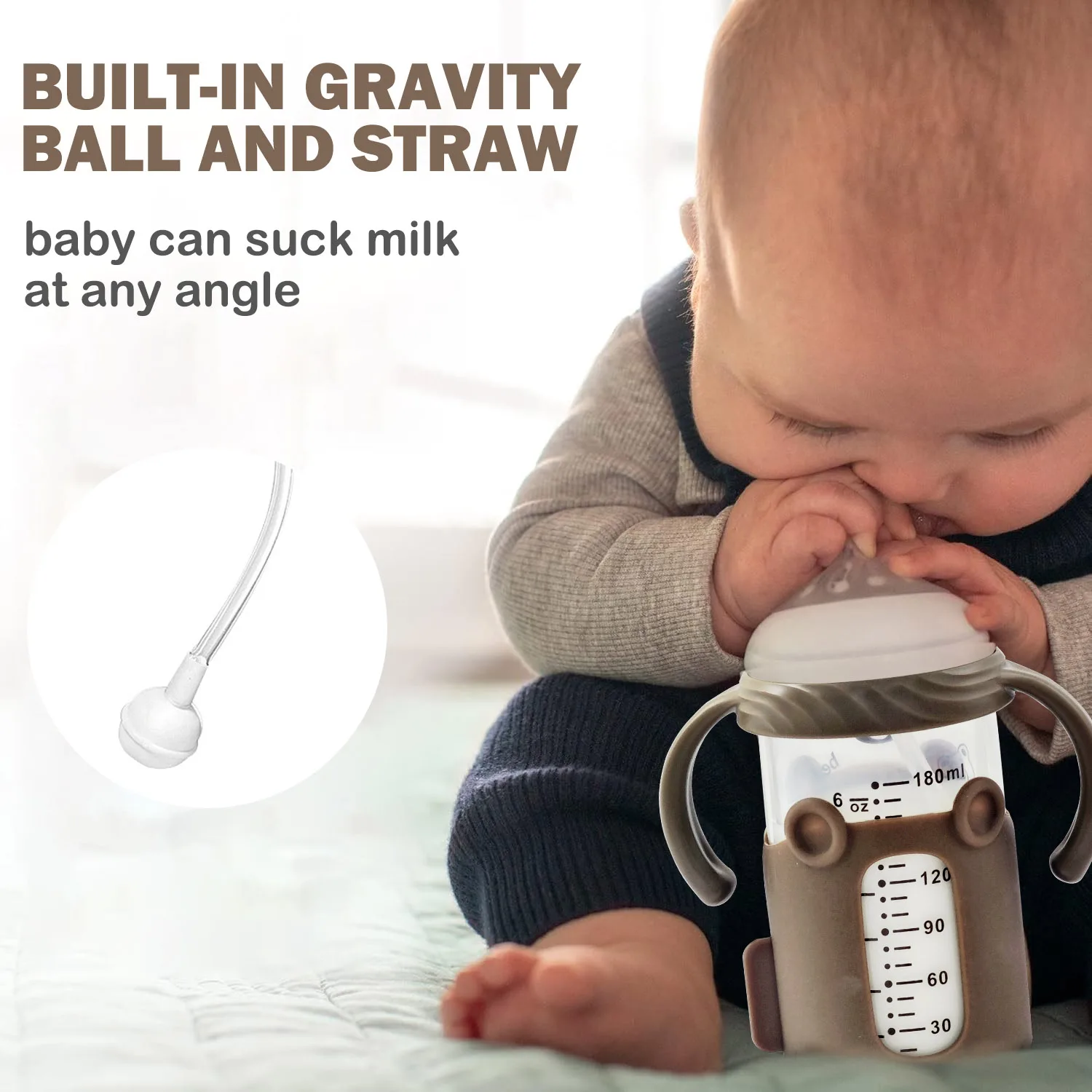 180ml Baby glass feeding bottle sippy cup with gravity ball leak proof drop proof silicone protective cover