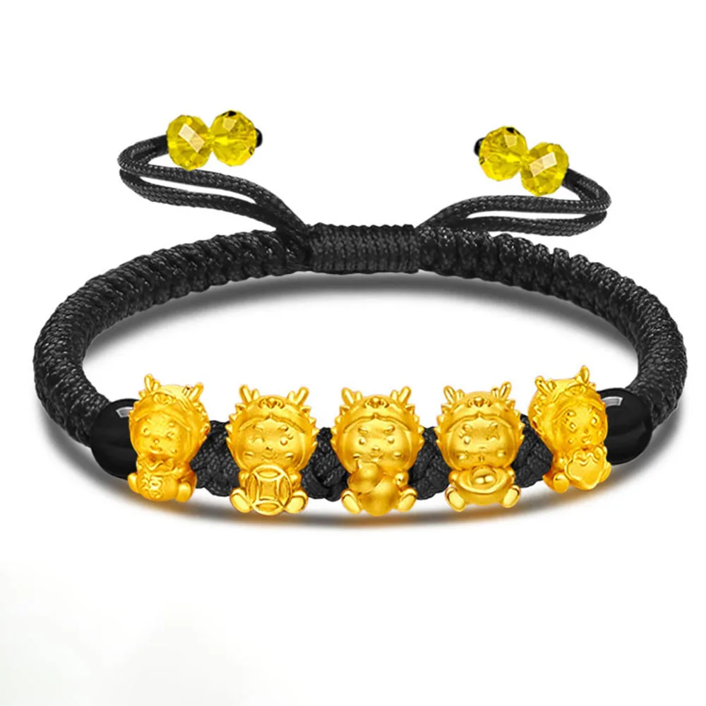 

New Pure 999 24K Yellow Gold Bracelet 3D Lucky Five Dragon Bead Black Cord Weave Bracelet