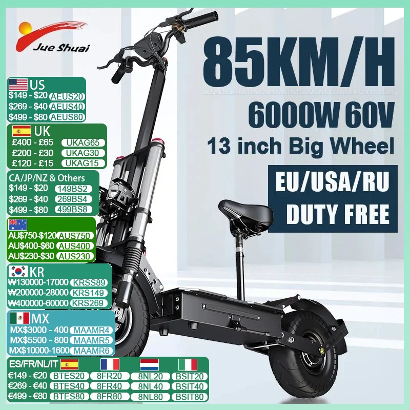 85km/h Fast Electric Scooter 6000W Dual Motor Escooter 13 inch Big Wheel Hydraulic Brake Folding Long board Duty Free EU Stock