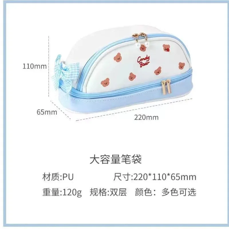 Pink Strawberry Pen Bags Cute Doule Layers Large Capacity Pencil Cases With Bows Designs Ins Style School Stationery Supplies