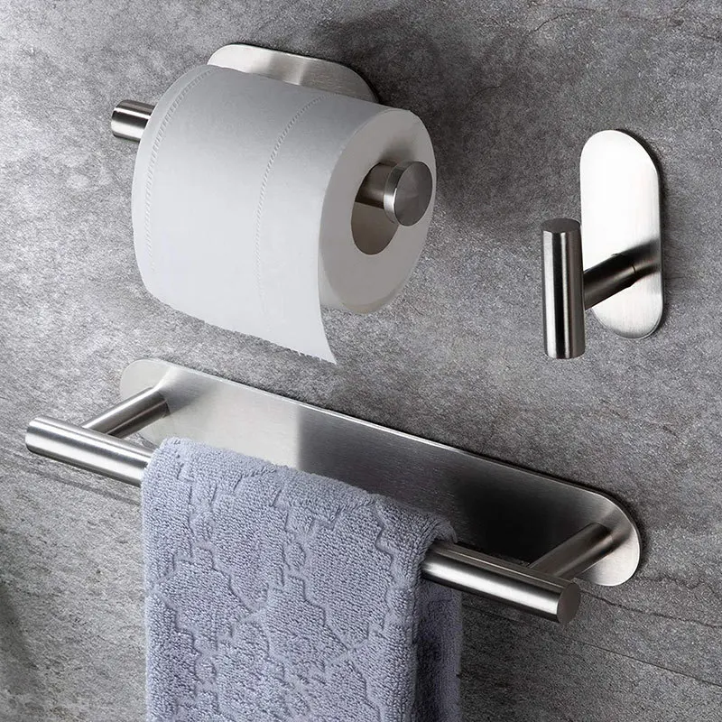 Self-Adhesive Bathroom Accessory Set Wall-mounted Towel Bar Toilet Paper Rack Stainless Steel Matte Black Bathroom Hardware Set