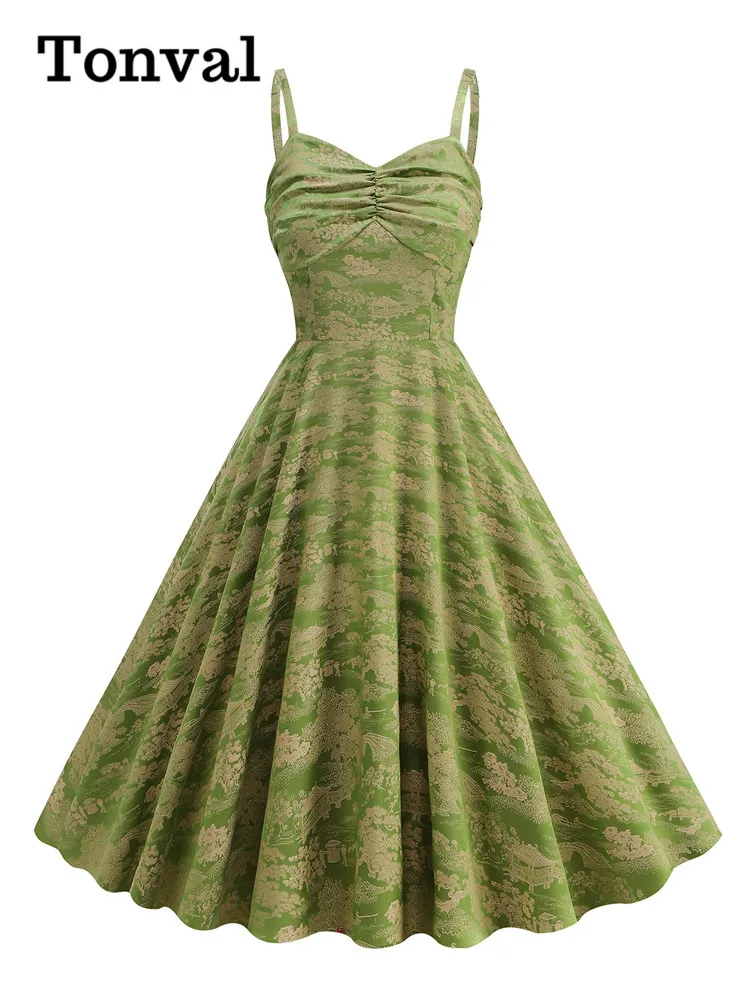 

Tonval Spaghetti Strap Green Jacquard Vintage Party Dresses Summer High Waist Women Ruched Front Fit and Flare Swing Dress