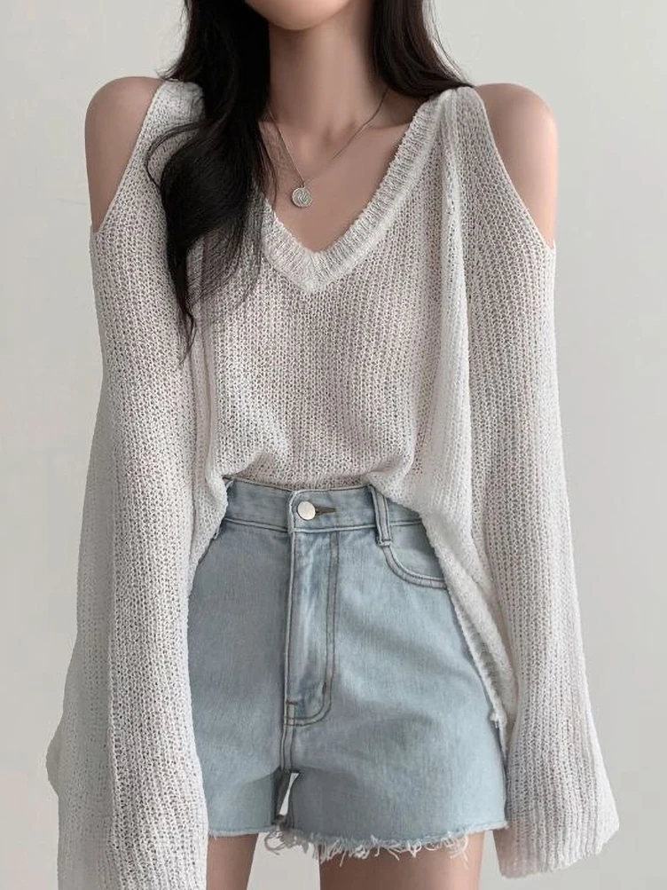 Korean Dongdaemun Off Shoulder Long Sleeve Sweater V-Neck Oversize Pullover Elegant Youth Sexy Knitwear