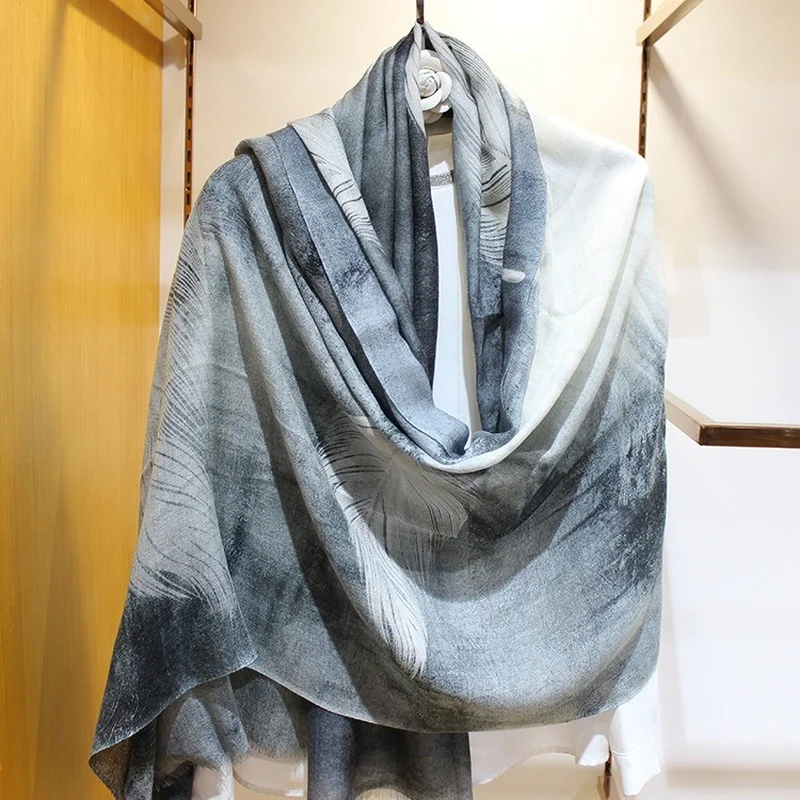 

Elegant Women's Elegant Grey Blue White Feather Printing Quality Cashmere Fine Beard Edge Soft Warm Long Scarf Shawl Wrap