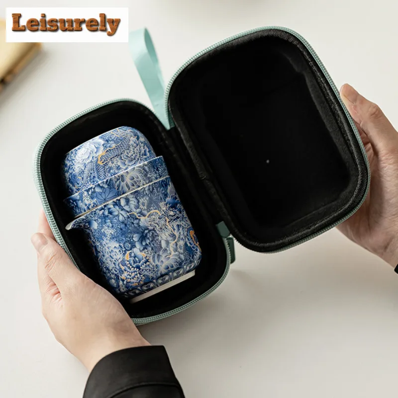 Chinese Thangka Pattern Travel Tea Set Kit Japanese 1 Pot 4 Cups Kit Household Tea Maker Picnic Portable Handbag Tea Items Craft