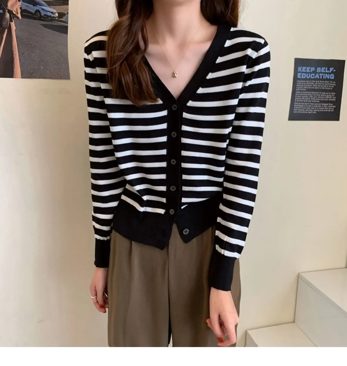 Yasuk Spring Autumn Winter Fashion Casual Zipper Women's Slim Versatile Coat Gentle Female Striped Button Down Cardigan