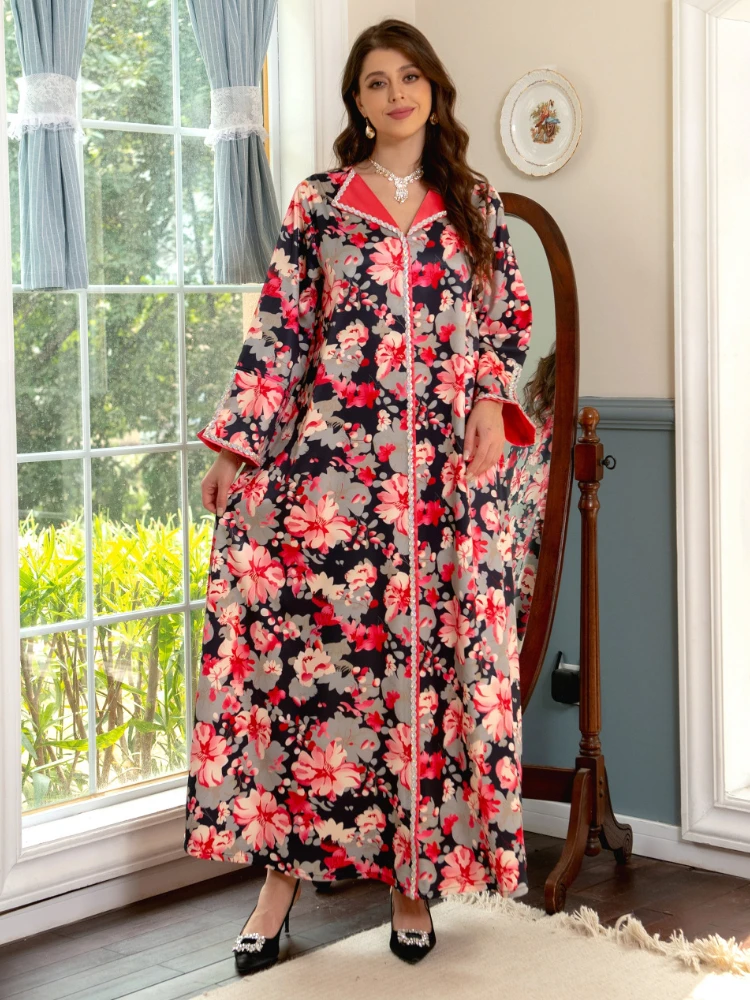 

Eid Party Muslim Dress Women Abaya Lapel Diamond Dubai Abayas Ramadan Mubarak Islam Robe Caftan Morocco Floral Maxi Vestido