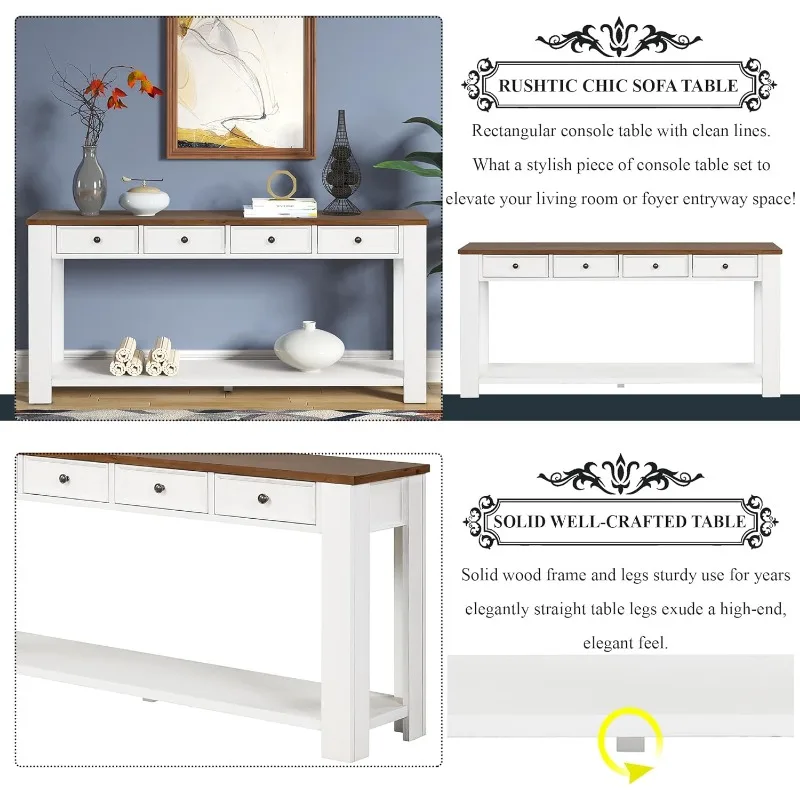 63" Modern Solid Wood Console Table with 4 Drawers and 1 Bottom Shelf Storage Sideboard Pine Sofa Table for Entry Hallway(Brown) 5