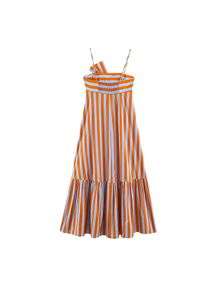TFMLN Robe longue chic pour femme, imprimé rayures, sans manches, avec nœud sur le devant, coupe ample, dos nu, idéale pour les vacances