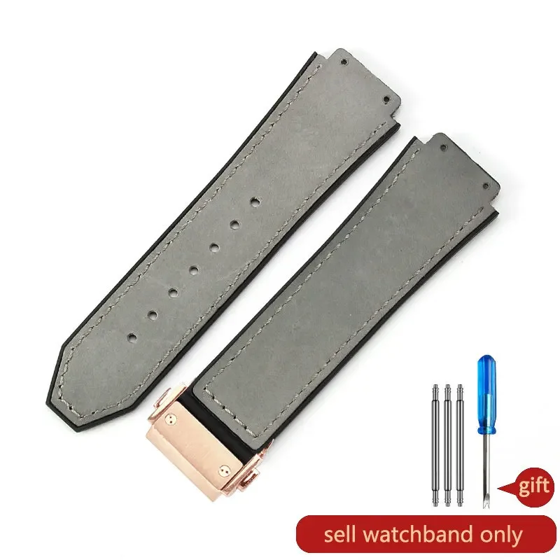 Men's Frosted Leather Watch Strap with Silicone Underskin, Convex Interface, 26x19mm