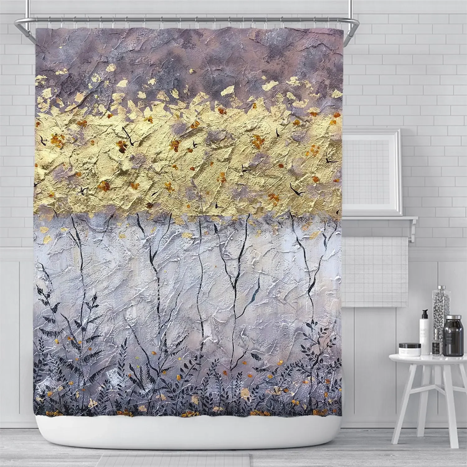 3D Nordic Style Art Painting Golden Shower Curtain Waterproof Bath Curtain Geometric Bath Screen Printed Floral Bathroom