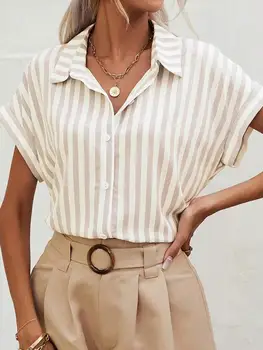 Women's Striped Print Button Front Shirt, Casual Short Sleeve Collared Top for Summer, Ladies Clothes for Daily Wear 1