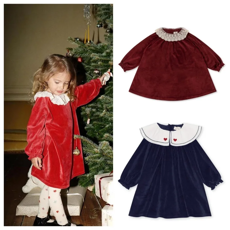 

Autumn & Winter Christmas Dress Velvet Lace Collar Girls Party Dresses Vestidos Robe Princesse Fille Navidad Natal Noel Natale