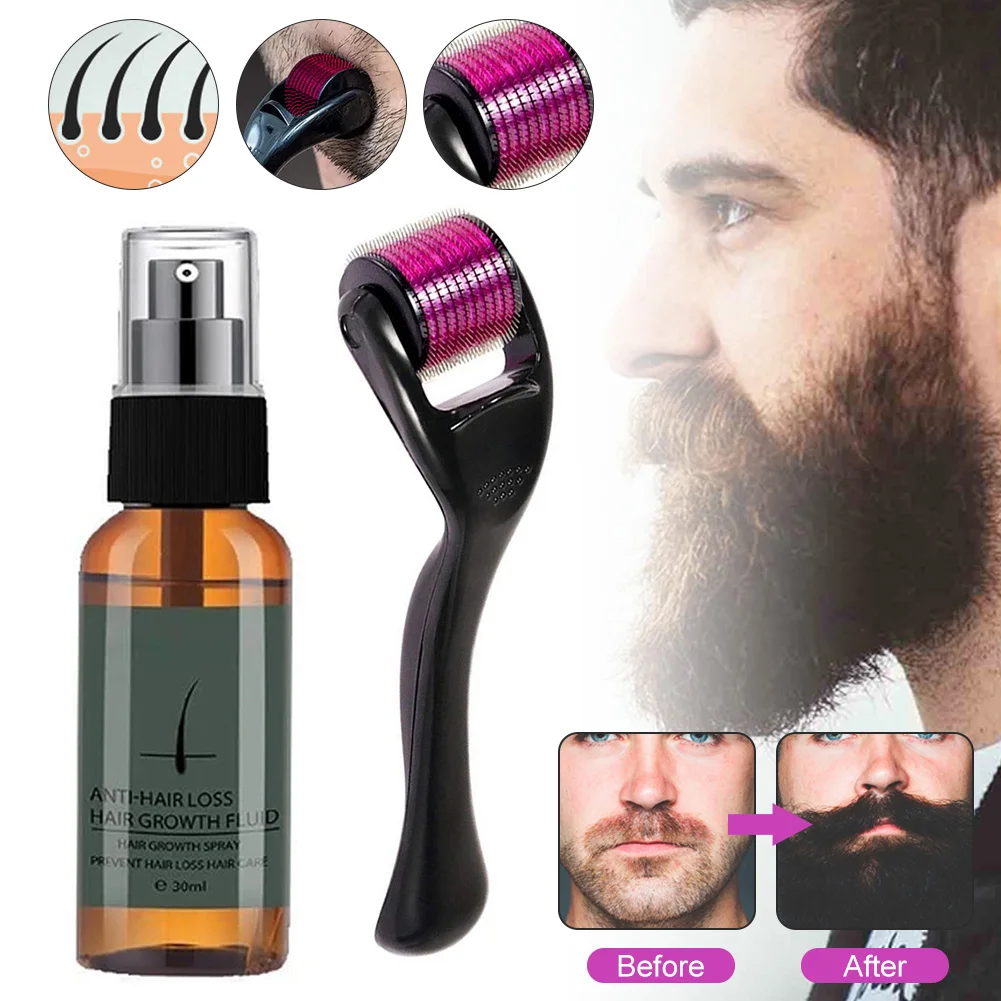 Natural Men Beard Growth Roller Kit Men's Beard Growth Oil Nourishing Enhancer Beard Oil Spray Anti Hair Loss With Beard Roller