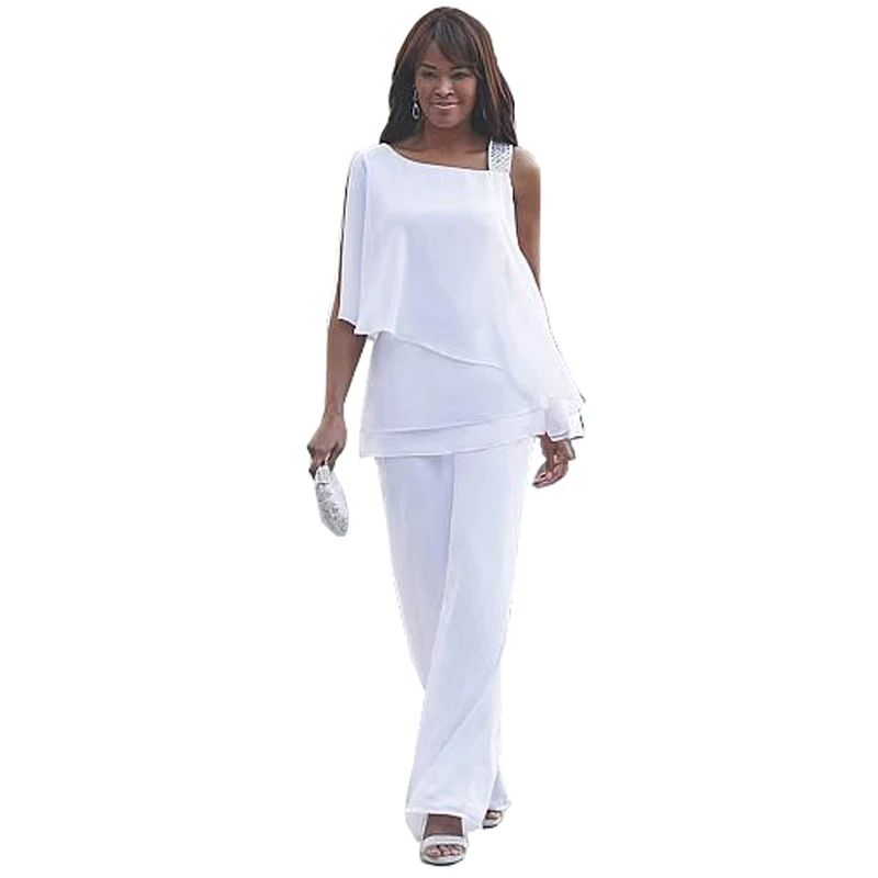 

Mother of the Bride Dresses White for Weddings 2 Pieces Pant Suits One Shoulder Simple Women Africa Farsali Vestido De Madrinha