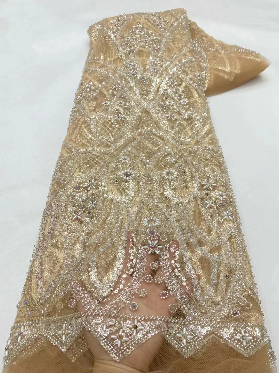 

(5yards/pc) high grade gold African wedding tulle lace fabric with diamonds beads sequins embroidered Dubai net lace FZX211