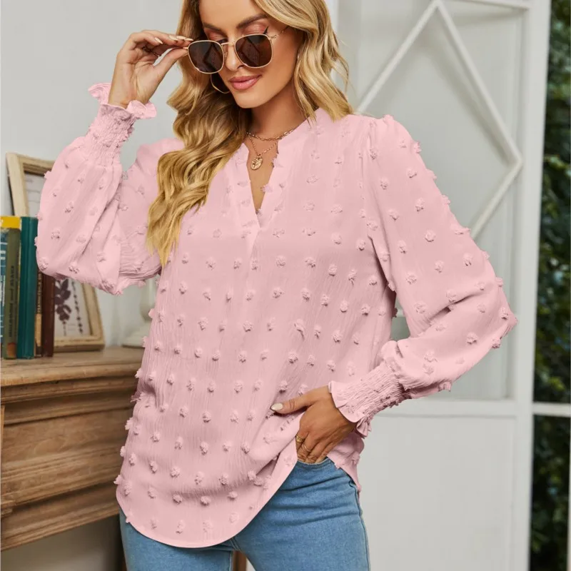 

Women's Spring Dot Long Sleeve Bubble Sleeve V-neck Shirt 2023 Casual Loose Chiffon Blusas 2023 Camisa Feminina Elegant Blouse