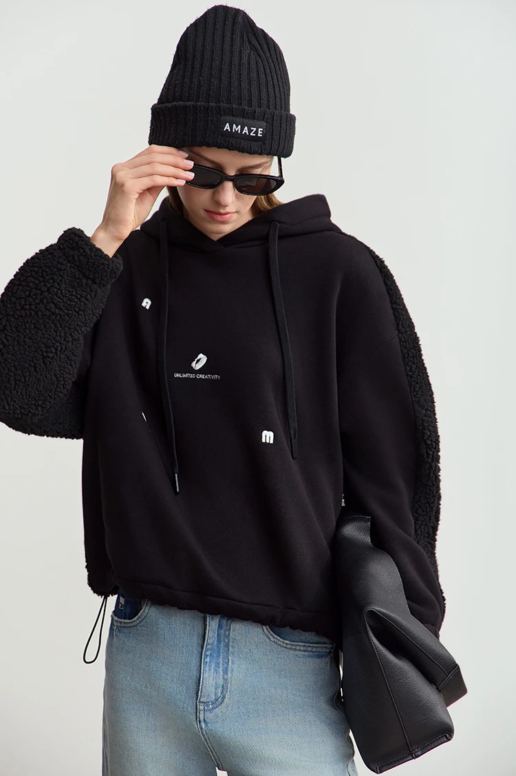 Amii Drawstring Hooded Splicing Imitation Lamb Wool Sweatshirt Embroidered 2024 Winter Women's Loose Thermal Tops 12444131
